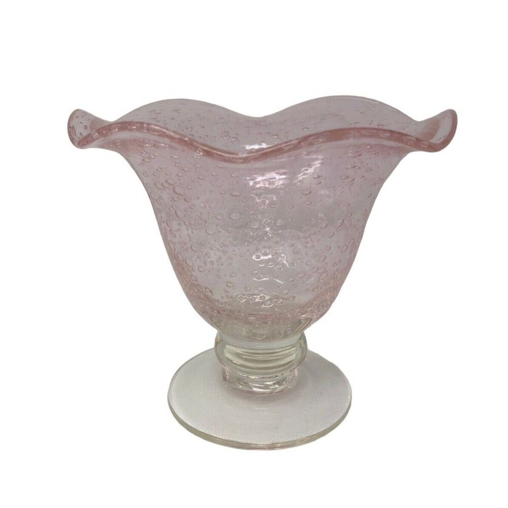 Pink Bubble Glass Pedestal Bowl Dish Art Glass Handblown Unmarked Bullicante